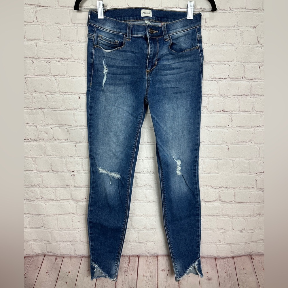 Sneak Peek Womens Denim Skinny Jeans Mid Rise Distressed‎ sz 7, GUC